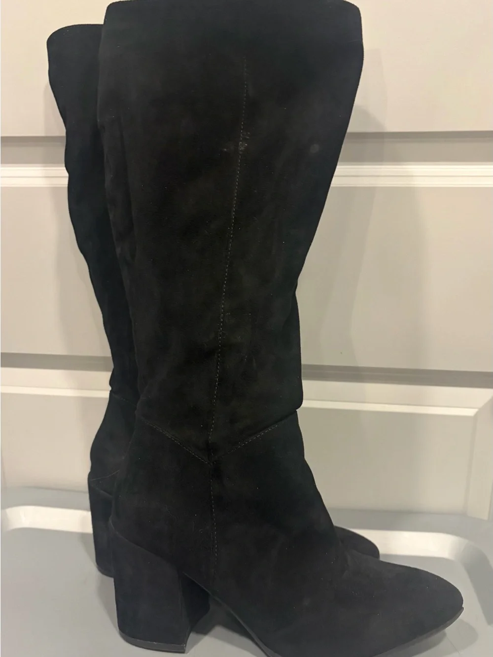 Women's Black Suede Knee Boots Wide Calf with Block Heel